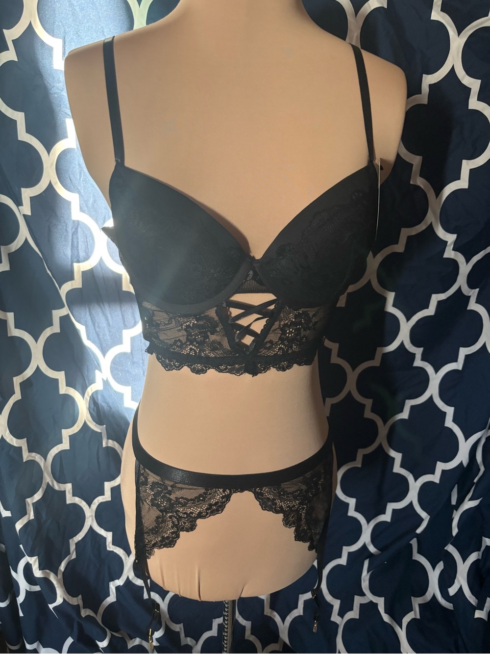 Black Lace Longline Push-Up Bralette and Garter , pantie Set Yasmina 3 pc set M